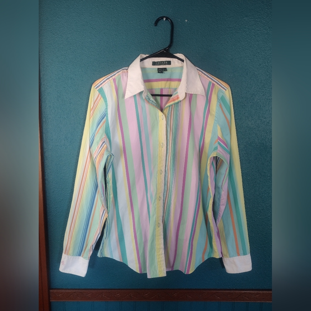 Vintage Lauren Ralph Lauren Cotton Multicolor Rainbow Striped Button Down Shirt